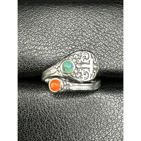 New Condition Sterling Silver Coral Turquoise Bypass Ring Cross 925 Size 7 - Picture 1 of 7